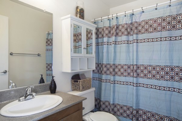 Modern bathroom featuring sleek fixtures and marble countertops at Mission Pines luxury apartments