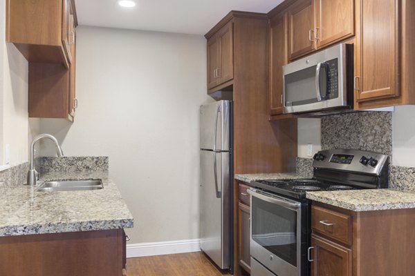 Modern kitchen with stainless steel appliances at Mission Pines Apartments