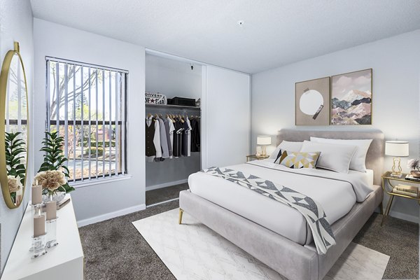 Vista Oaks Apartments: Cozy bedroom with contemporary dÃ©cor and natural light