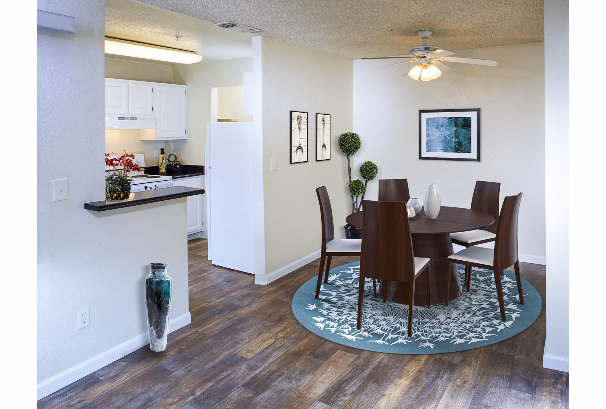 Dining room featuring elegant wooden furniture at Vista Oaks Apartments