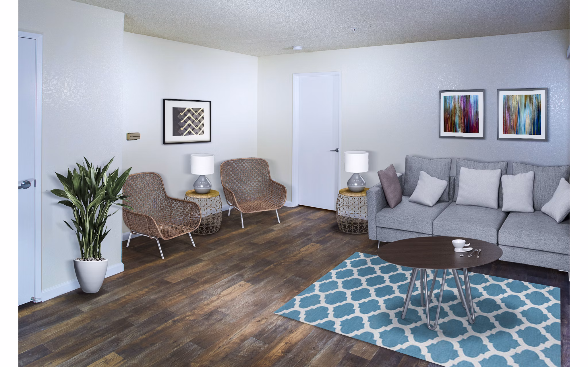 Cozy living room with modern decor and abundant natural light at Vista Oaks Apartments