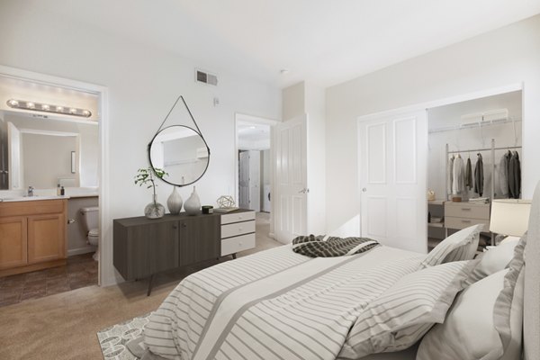 Spacious bedroom featuring elegant decor at the Villas at Monterosso luxury apartments