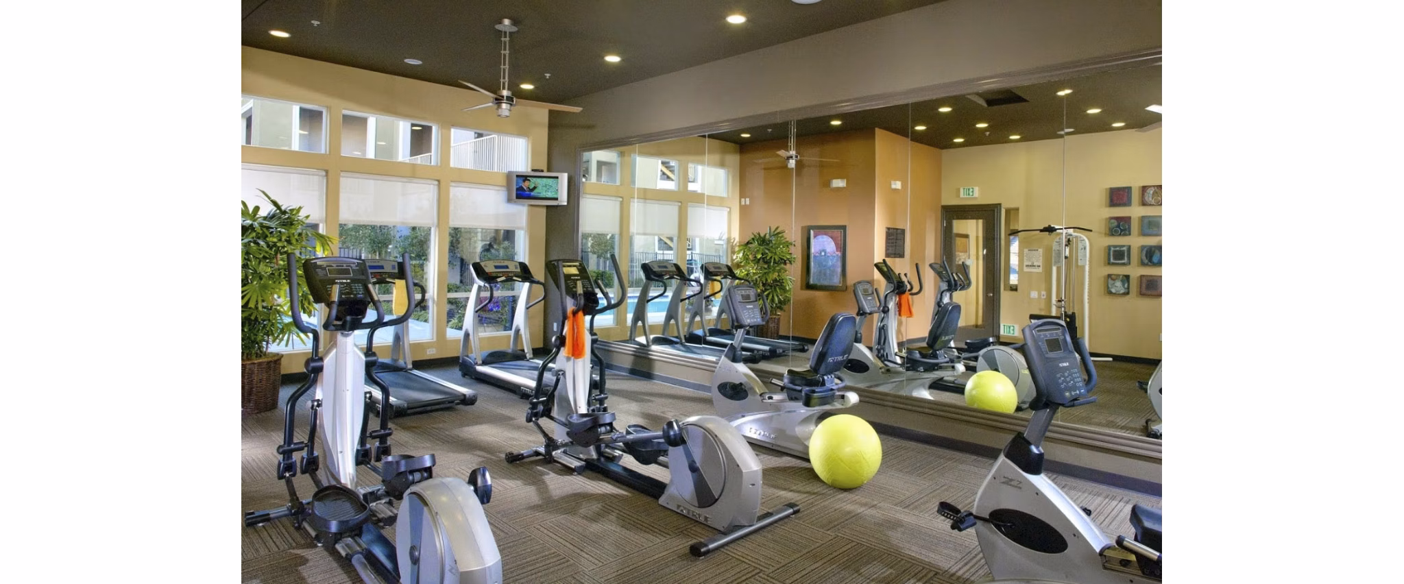 Well-equipped fitness room with modern machines at the Villas at Monterosso luxury apartments