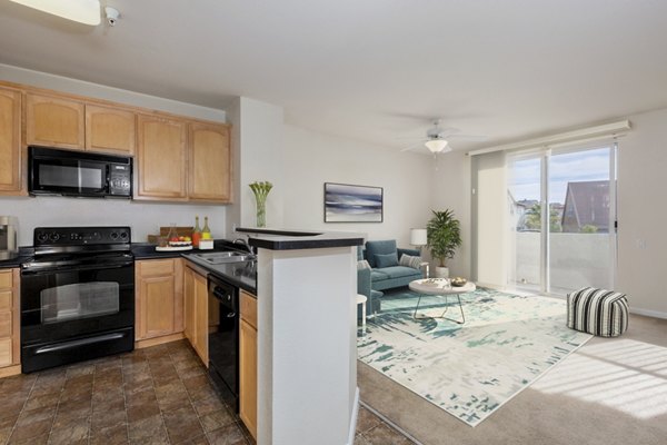 Modern kitchen with marble countertops and stainless steel appliances at Villas at Monterosso luxury apartments