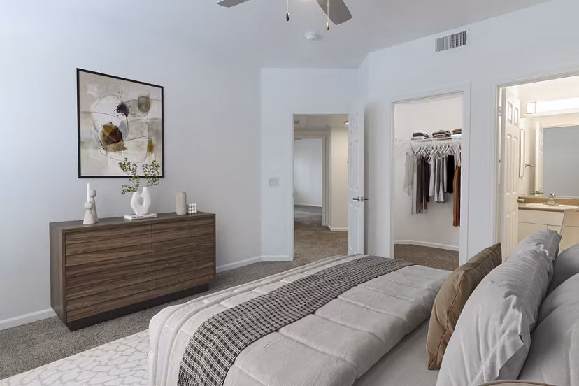 Cozy bedroom with modern decor at Morgan Park Apartments