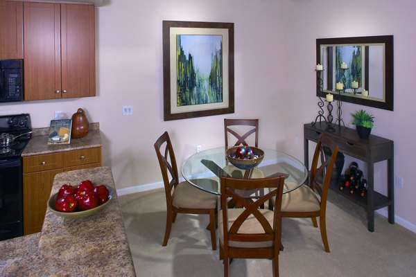 Dining room with sleek modern furniture and pendant lighting at Morgan Park Apartments