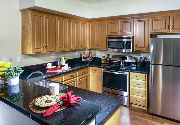 Park Place Apartments: Modern kitchen with sleek appliances and granite countertops