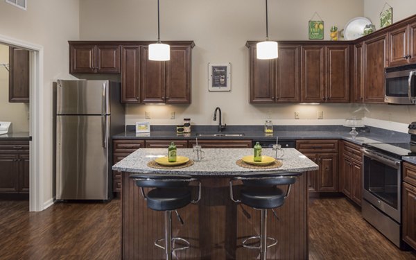 Modern kitchen with stainless steel appliances at Village at Aspen Place Apartments