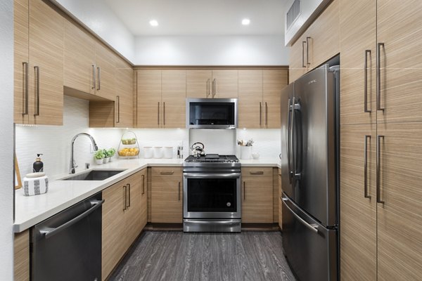 Contemporary kitchen with sleek cabinetry and stainless steel appliances in Talaria Apartments