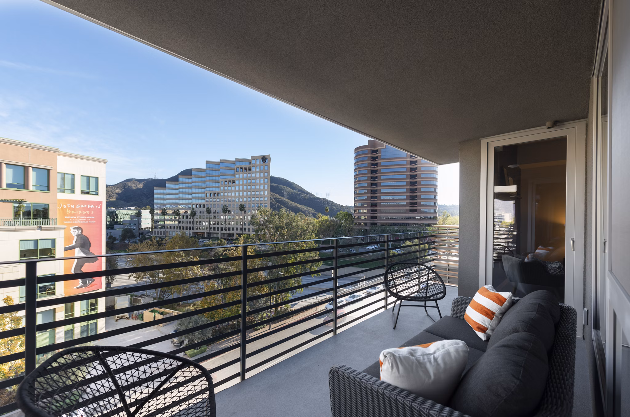 Spacious balcony with city views at Talaria Apartments, luxury living spaces by Greystar in Burbank