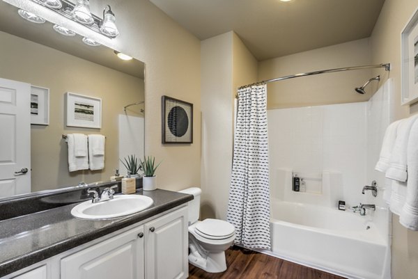 Modern bathroom with granite countertops and sleek fixtures at The Paseo at Town Center luxury apartments