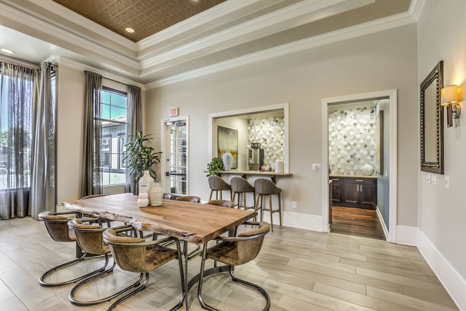 Clubhouse featuring modern amenities at The Paseo at Town Center luxury apartments in Greystar community