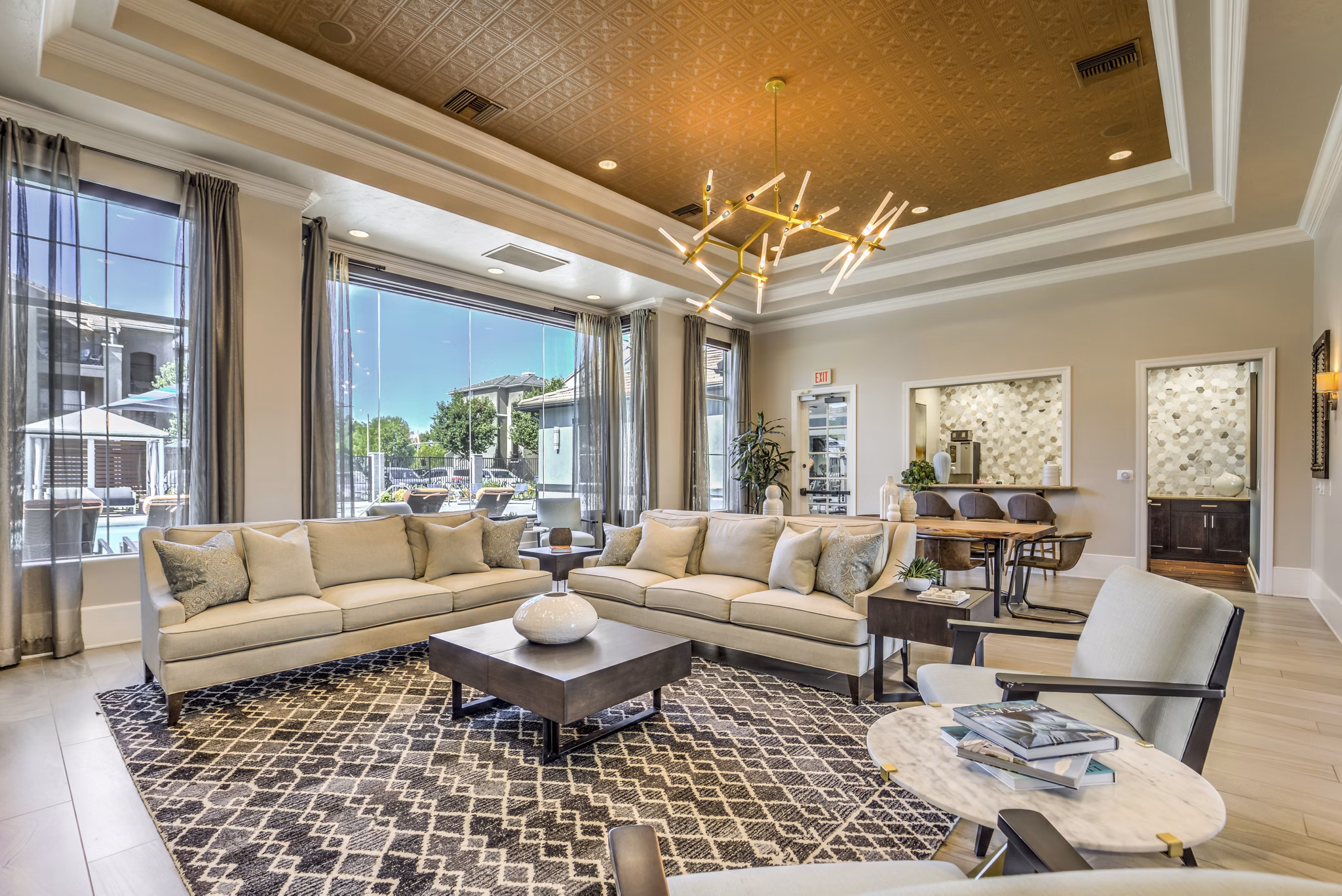 Clubhouse featuring modern amenities and stylish design at The Paseo at Town Center apartments