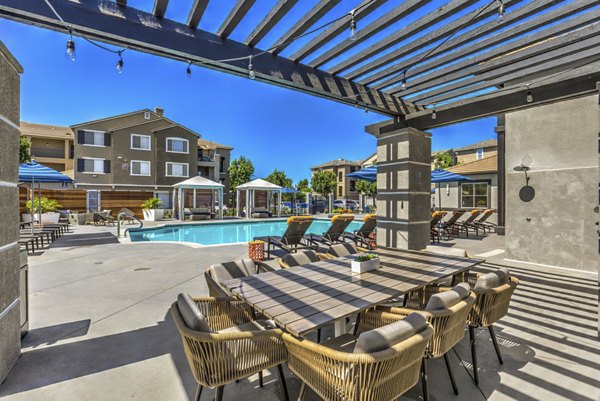 Chic patio with modern seating at The Paseo at Town Center luxury apartments