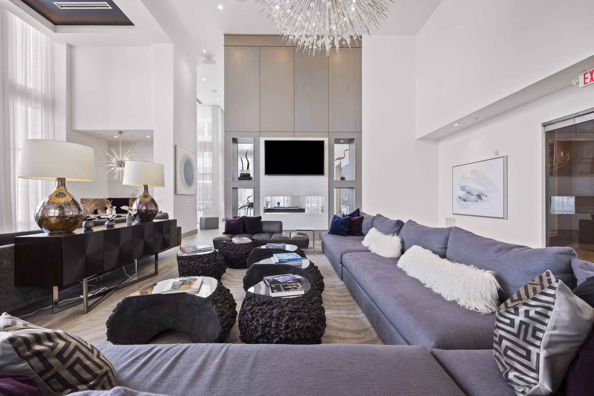 Elegant clubhouse with modern design at Broadstone River House Apartments, featuring luxury amenities and social spaces for residents