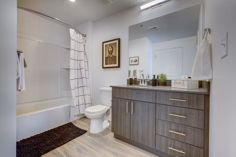 Modern bathroom with glass shower and sleek vanity at Meridian Apartments