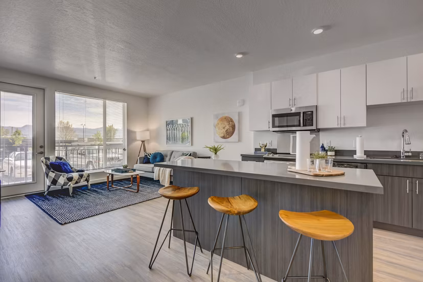 Modern kitchen featuring stainless steel appliances at Meridian Apartments in the Greystar luxury collection