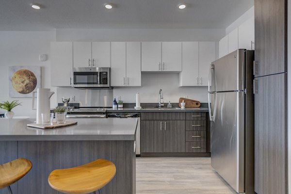 Modern kitchen with stainless steel appliances and granite countertops at Meridian Apartments
