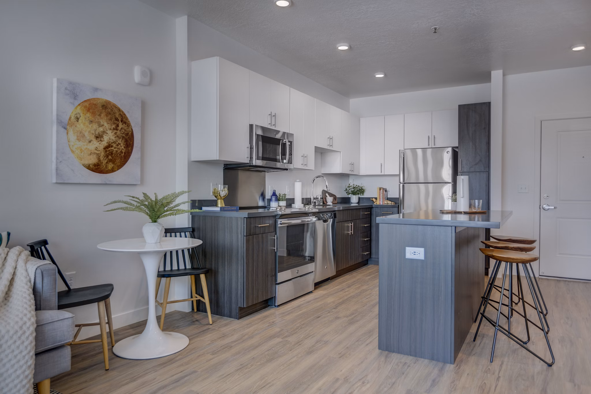 Kitchen featuring modern appliances and sleek cabinetry in Meridian Apartments