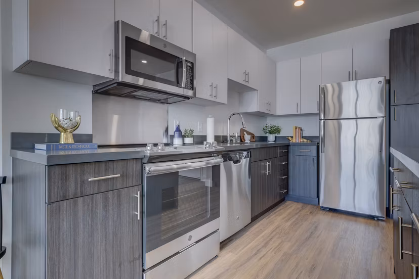 Modern kitchen with sleek countertops and stainless steel appliances in Meridian Apartments