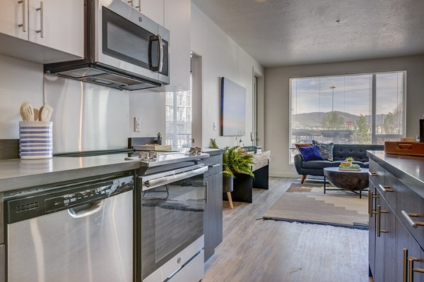 Kitchen with sleek countertops and modern appliances at Meridian Apartments