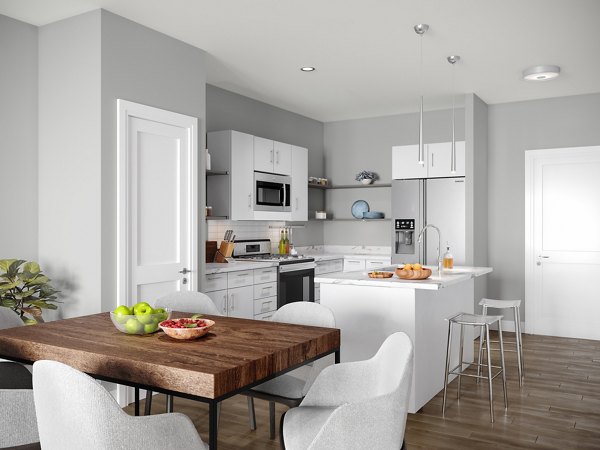 Dining area featuring modern decor and sleek furniture at Inova Apartments
