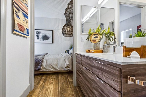 Modern bathroom with sleek fixtures at Reverb at Spring Valley Apartments