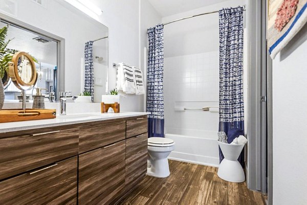 Bathroom with sleek fixtures and modern design at Reverb at Spring Valley Apartments, offering luxurious living spaces in an elegant setting