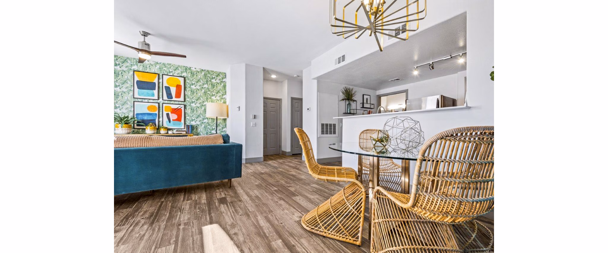Dining room with modern decor and pendant lighting at Reverb at Spring Valley Apartments