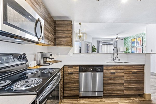Modern kitchen with stainless steel appliances at Reverb at Spring Valley Apartments