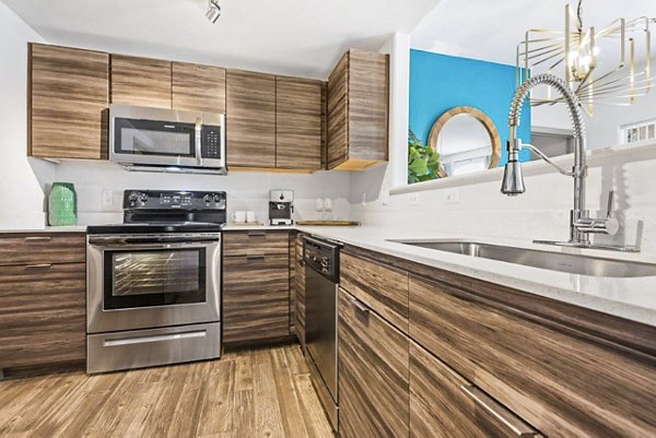 Modern kitchen with stainless steel appliances at Reverb at Spring Valley Apartments, luxury living by Greystar