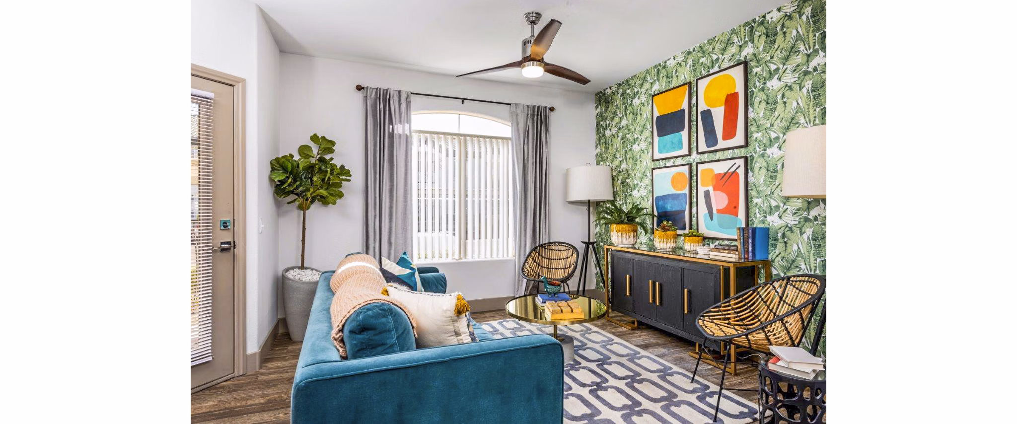 Spacious living room with modern decor and natural light at Reverb at Spring Valley Apartments, ideal for luxury living