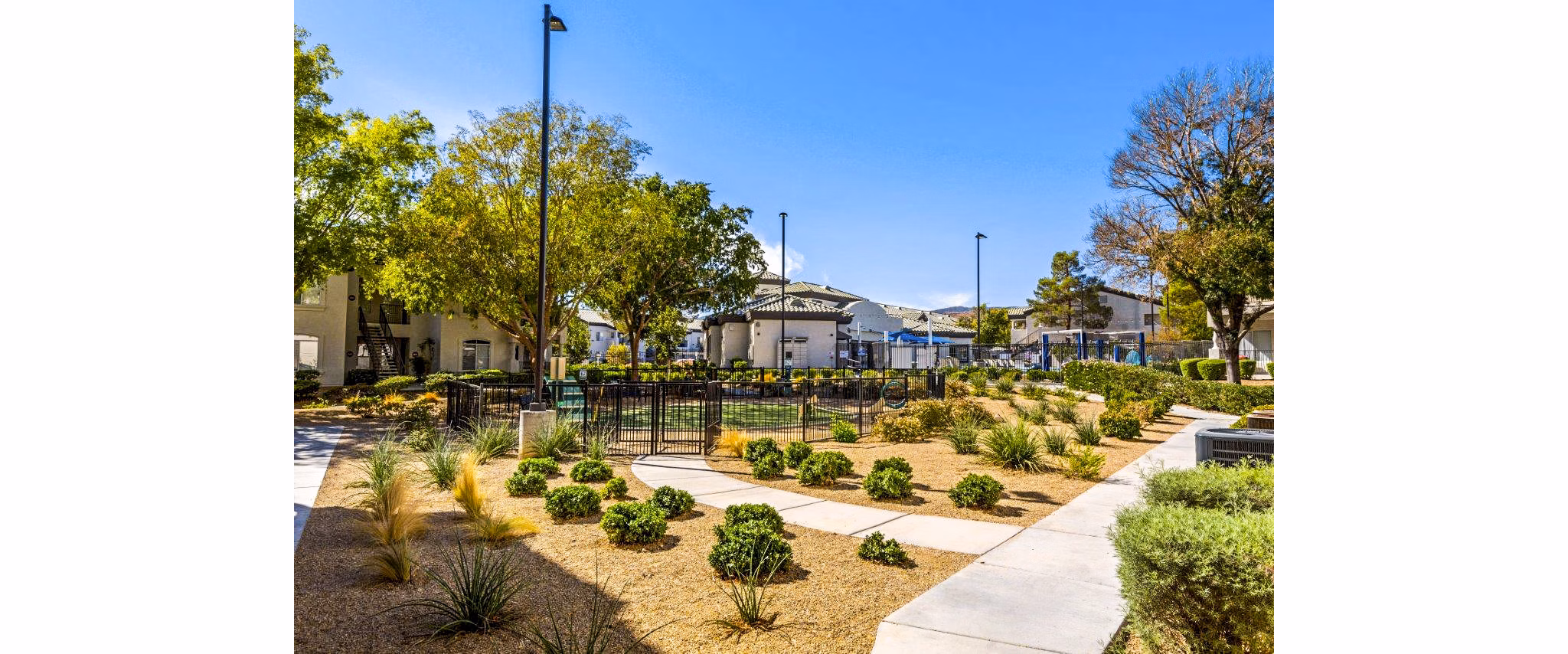 Dog-friendly park at Reverb at Spring Valley Apartments featuring agility equipment and open play area