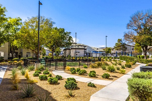 Dog-friendly park at Reverb at Spring Valley Apartments featuring agility equipment and open play area