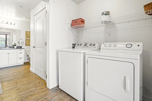 Modern laundry room with high-efficiency machines in The Ivy at Draper Apartments