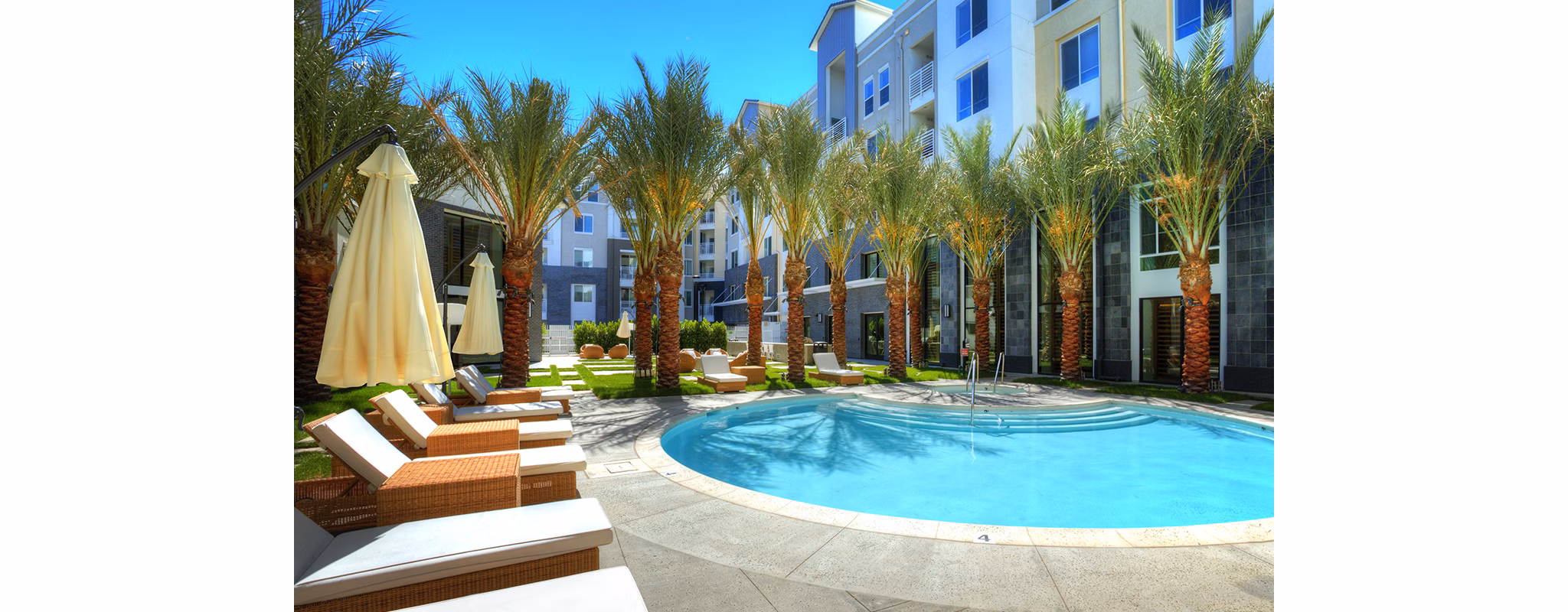 Luxurious pool at Eton at Warner Center Apartments with palm trees and lounge chairs, offering resort-style relaxation in the heart of the city