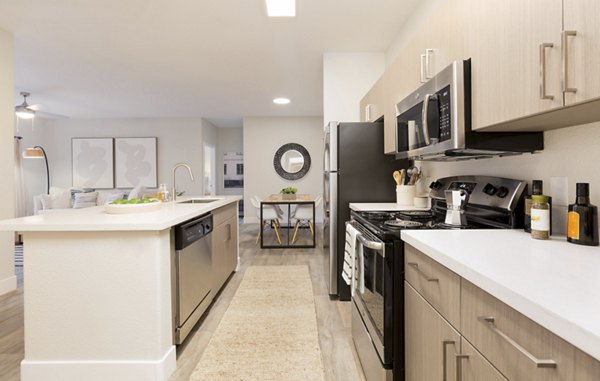Modern kitchen with stainless steel appliances and granite countertops in Adobe Ridge Apartments