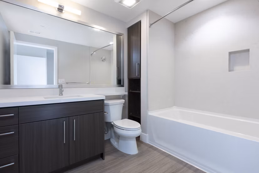 Bathroom featuring modern fixtures at 599 Castro Apartments, luxury living by Greystar