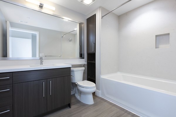 Bathroom featuring modern fixtures at 599 Castro Apartments, luxury living by Greystar