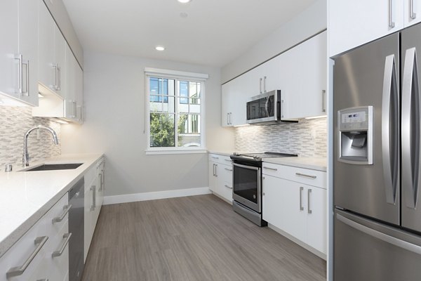Modern kitchen with sleek countertops and stainless steel appliances at 599 Castro Apartments luxury community