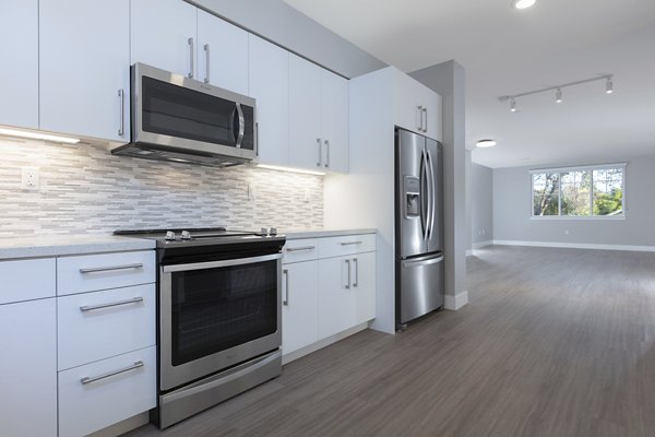 Modern kitchen with stainless steel appliances at 599 Castro Apartments in San Francisco
