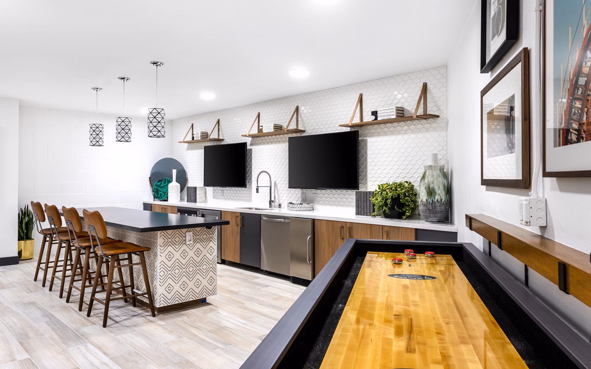 Elegant clubhouse featuring modern decor and seating areas at 7403 Apartments