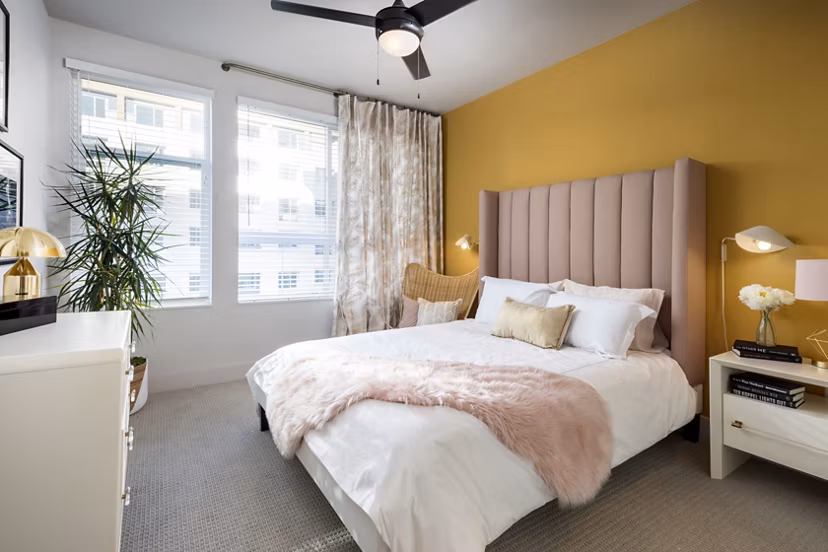 Modern bedroom with stylish decor at Jefferson Edge Apartments