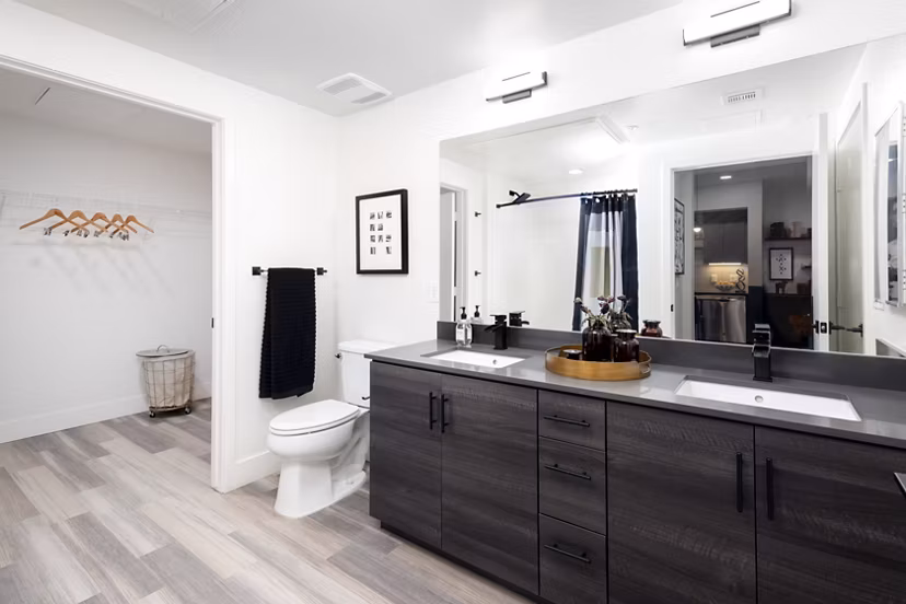 Modern bathroom with sleek fixtures in Jefferson Edge Apartments, showcasing luxury living by Greystar