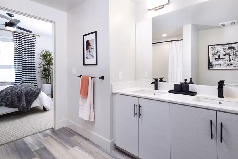 Modern bathroom with sleek fixtures at Jefferson Edge Apartments in luxury setting