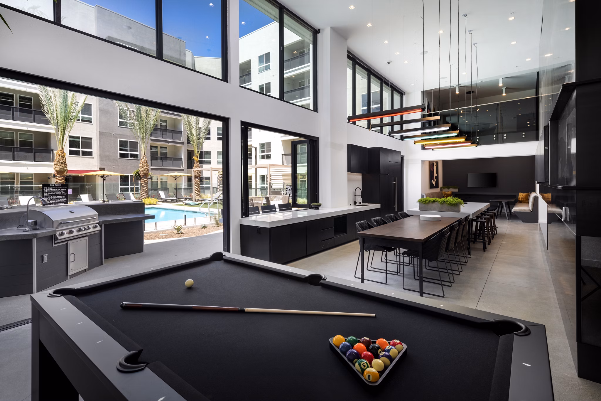 Modern clubhouse with lounge seating at Jefferson Edge Apartments offering luxurious living spaces