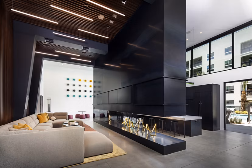 Chic clubhouse featuring modern decor and spacious seating at Jefferson Edge Apartments