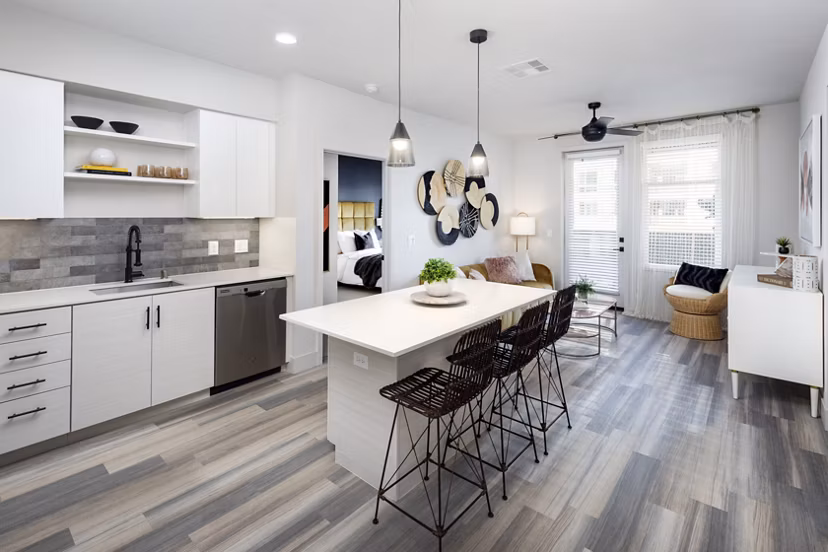 Modern kitchen with stainless steel appliances in Jefferson Edge Apartments
