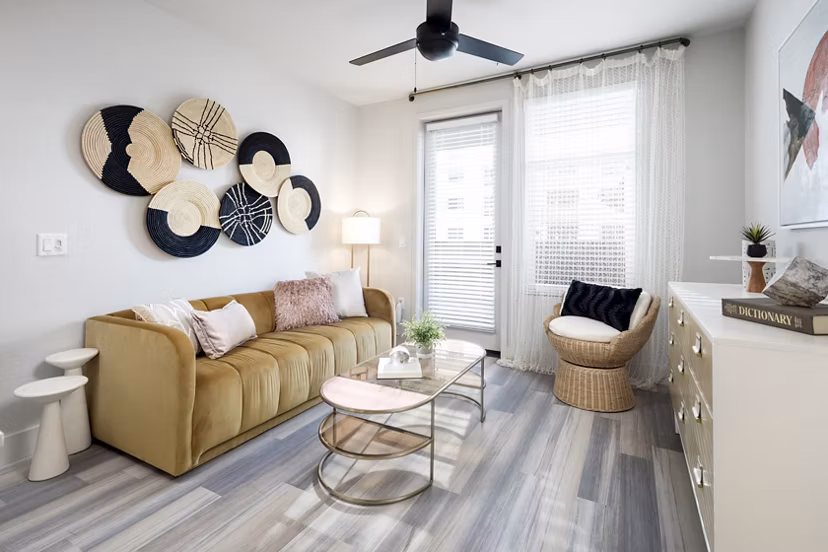 Spacious living room with stylish furnishings at Jefferson Edge Apartments, by Greystar Luxury Apartments in a vibrant community