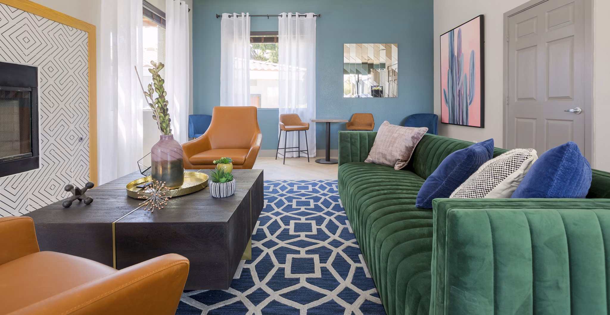Stylish clubhouse with modern decor at Morada West Apartments, ideal for luxury community gatherings